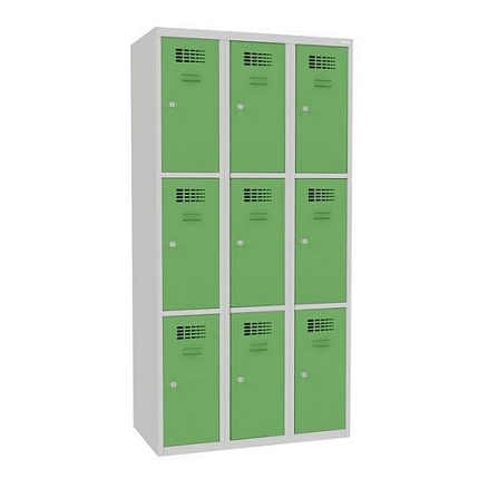 Svařovaná šatní skříň Jeff, 9 boxů, cylindrický zámek, šedá/zelená