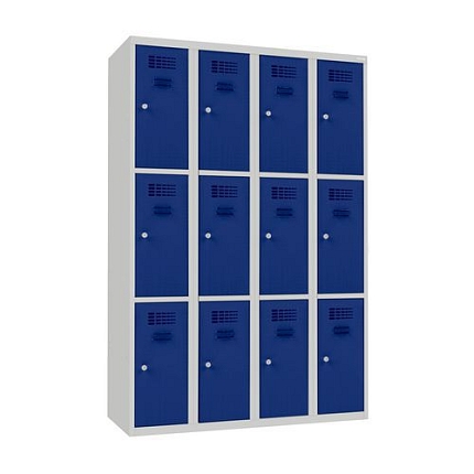 Svařovaná šatní skříň Will, 12 boxů, cylindrický zámek, šedá/tmavě modrá