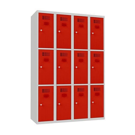 Svařovaná šatní skříň Will, 12 boxů, cylindrický zámek, šedá/červená