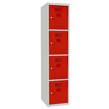 Svařovaná šatní skříň Oskar, 4 boxy, cylindrický zámek, šedá/červená