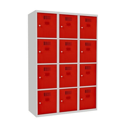 Svařovaná šatní skříň West, 12 boxů, cylindrický zámek, šedá/červená