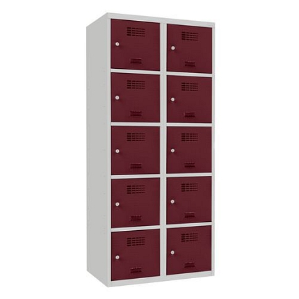 Svařovaná šatní skříň Samuel, 10 boxů, cylindrický zámek šedá/vínově červená