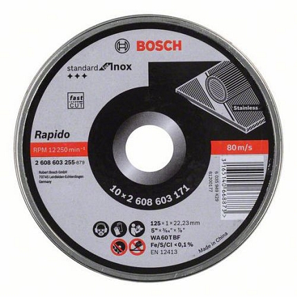 Bosch - Řezný kotouč rovný Standard for Inox - Rapido WA 60 T BF, 125 mm, 22,23 mm, 1,0 mm, 10ks x 10 BAL