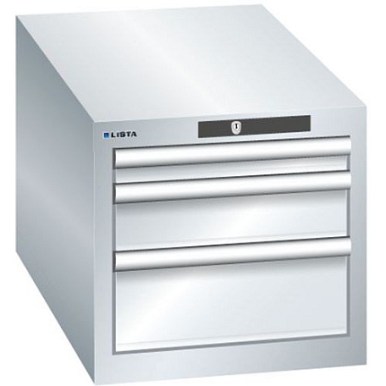 Dílenská zásuvková skřín Lista, 3 zásuvky: 1x50mm + 1x100mm + 1x 150mm, 411x725x383 mm, šedá