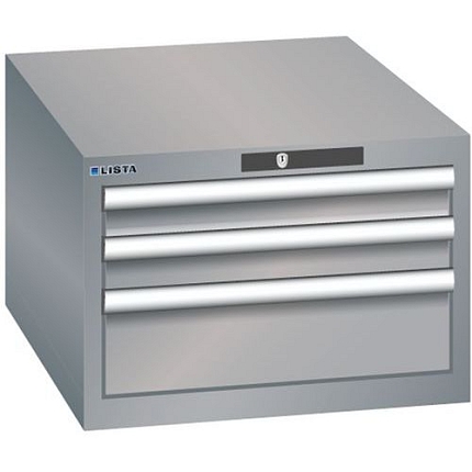 Dílenská zásuvková skříň LISTA, 3 zásuvky = 2x 75 + 1x 150mm , 564x725x383mm, šedá/stříbrná