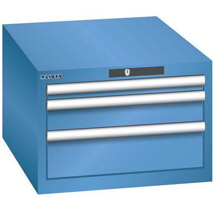 Dílenská zásuvková skříň LISTA, 3 zásuvky = 1x 50 + 1x 100 + 1x 150mm , 564x725x383mm, modrá
