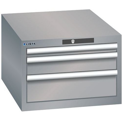 Dílenská zásuvková skříň LISTA, 3 zásuvky = 1x 50 + 1x 100 + 1x 150mm , 564x725x383mm, šedá/stříbrná