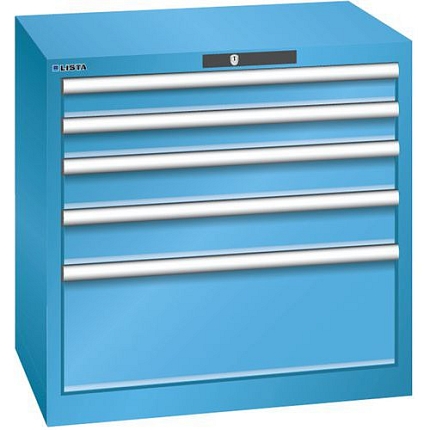 Dílenská zásuvková skříň LISTA, 5 zásuvek = 2x75 + 2x100 + 1x250 mm, 717x572x700mm, světle modrá