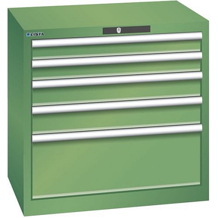 Dílenská zásuvková skříň LISTA, 5 zásuvek = 2x75 + 2x100 + 1x250 mm, 717x572x700mm, zelená