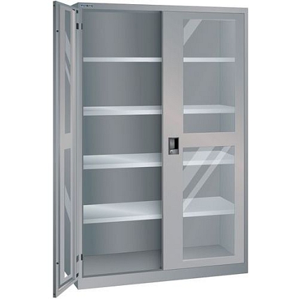 Dílenská skříň LISTA s policemi, 1250x400x1950mm, dveře s plexisklem, šedá/stříbrná