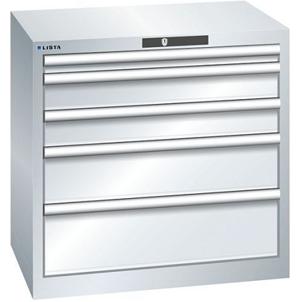 Dílenská zásuvková skříň LISTA, 5 zásuvek = 1x50 + 2x100 + 1x150 + 1x200mm, 717x572x700mm, šedá