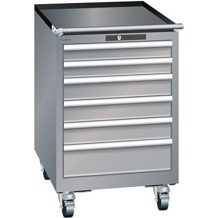 Mobilní dílenská zásuvková skříň Lista, 6 zásuvek: 2x75mm + 3x100mm + 1x150mm, šedá/střibrná