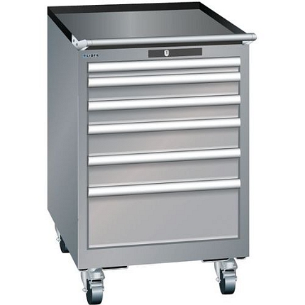 Mobilní dílenská zásuvková skříň Lista, 6 zásuvek: 2x75mm + 3x100mm + 1x150mm, šedá/střibrná