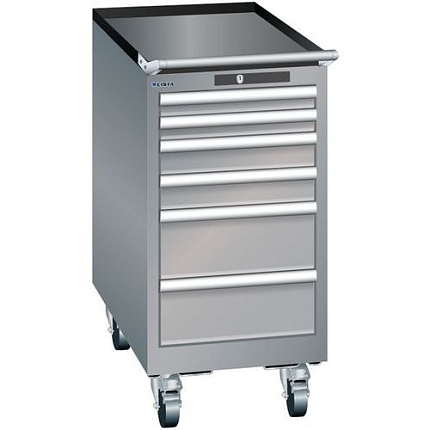 Mobilní dílenská zásuvková skříň Lista, 6 zásuvek, 411x725x840mm, šedá/stříbrná