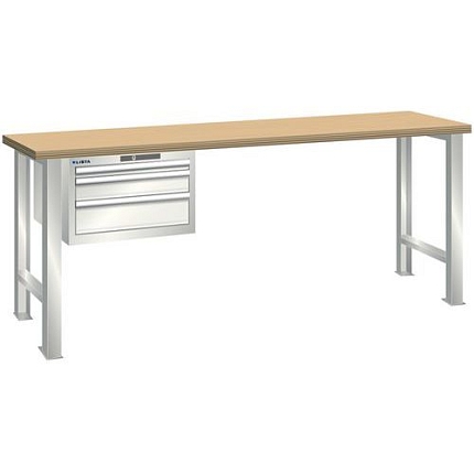Dílenský pracovní stůl LISTA, 1500x700x890mm, nosnost 600 kg, 3 zásuvky, světle šedá