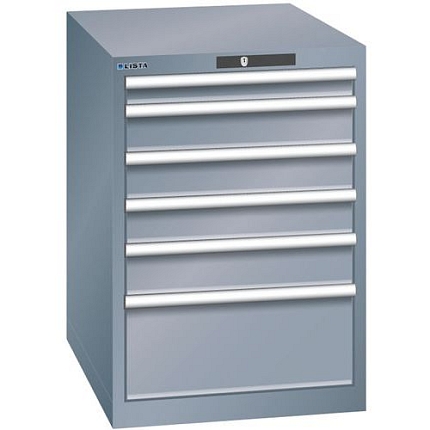 Dílenská zásuvková skříň LISTA, 6 zásuvek = 1x 75 + 3x 100 + 1x 150 + 1x 250mm, 564x725x850mm, tmavě šedá