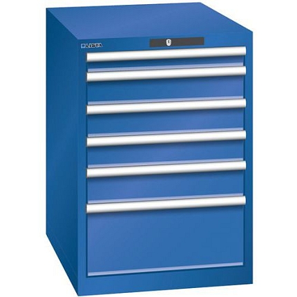 Dílenská zásuvková skříň LISTA, 6 zásuvek = 1x 75 + 3x 100 + 1x 150 + 1x 250mm, 564x725x850mm, fluorescentní modrá