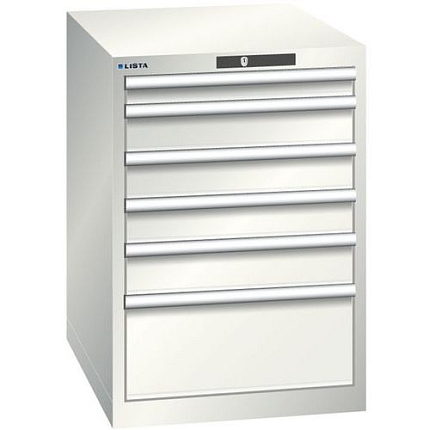 Dílenská zásuvková skříň LISTA, 6 zásuvek = 1x 75 + 3x 100 + 1x 150 + 1x 250mm, 564x725x850mm, světle šedá