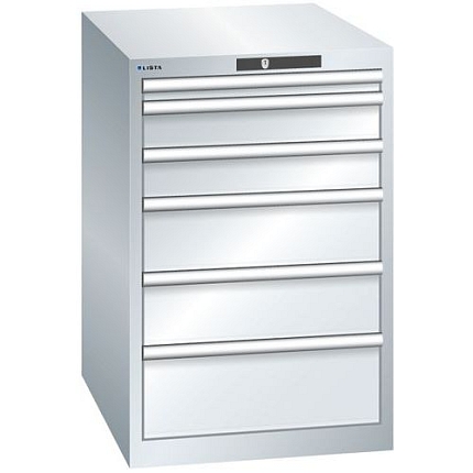 Dílenská zásuvková skříň LISTA, 6 zásuvek = 1x 50 + 2x 100 + 2x 150 + 1x 200mm, 564x725x850mm, šedá