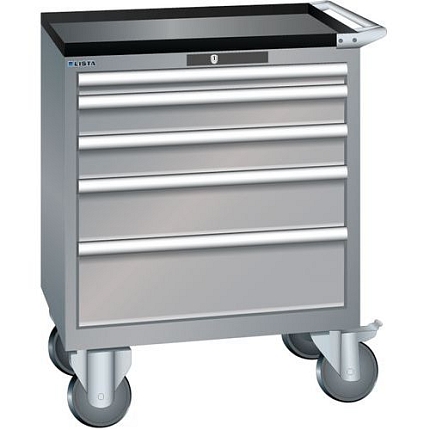 Mobilní dílenská zásuvková skříň LISTA, 5 zásuvek = 1x50 + 2x100 + 1x150 + 1x200mm, 717x572x962mm, šedá/stříbrná