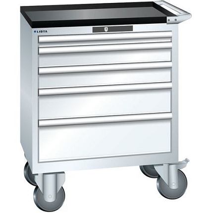 Mobilní dílenská zásuvková skříň LISTA, 5 zásuvek = 1x50 + 2x100 + 1x150 + 1x200mm, 717x572x962mm, bílá