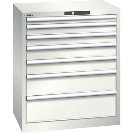 Dílenská zásuvková skříň LISTA, 7 zásuvek = 1x50 + 2x75 + 2x100 + 1x150 +1x200mm, 717x572x850mm, světle šedá