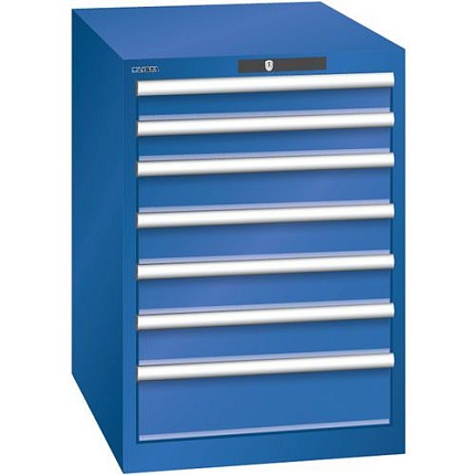 Dílenská zásuvková skříň LISTA, 7 zásuvek = 2 x 75 / 4 x 100 / 1 x 150, 564x725x800 mm, fluorescentní modrá