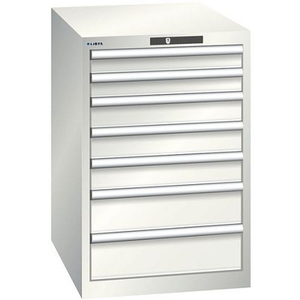 Dílenská zásuvková skříň LISTA, 7 zásuvek = 2x 75 + 3x 100 + 2x 150mm, 564x725x850mm, světle šedá