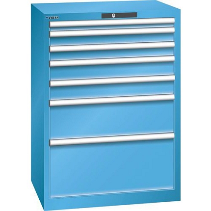 Dílenská zásuvková skříň LISTA, 7 zásuvek = 1x50 + 2x75 + 2x100 + 1x200 + 1x300mm, 717x572x1000mm, světle modrá