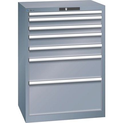 Dílenská zásuvková skříň LISTA, 7 zásuvek = 1x50 + 2x75 + 2x100 + 1x200 + 1x300mm, 717x572x1000mm, tmavě šedá