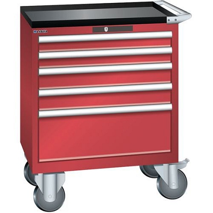 Mobilní dílenská zásuvková skříň LISTA, 5 zásuvek = 2x75 + 2x100 + 1x250mm, 717x572x962mm, červená