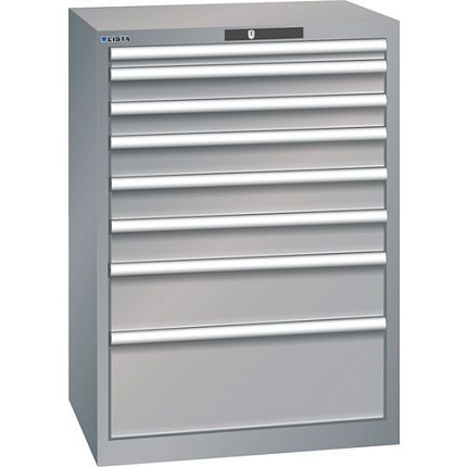 Dílenská zásuvková skříň LISTA, 717x572x1000mm, 8 zásuvek, šedá/stříbrná