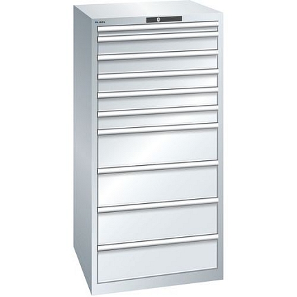 Dílenská zásuvková skříň LISTA, 717x725x1450mm, 10 zásuvek, nosnost 75kg, šedá