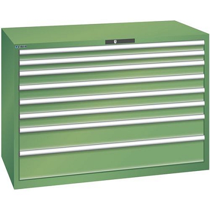 Dílenská zásuvková skříň Lista, 1431x725x1000 mm, 75kg, 8 zásuvek, zelená