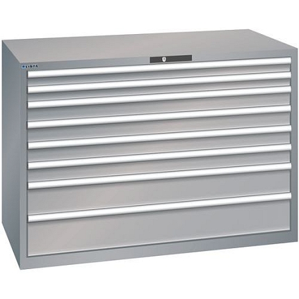 Dílenská zásuvková skříň Lista, 1431x725x1000 mm, 75kg, 8 zásuvek, šedá/stříbrná