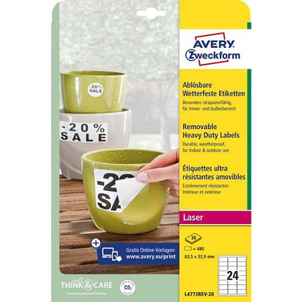 Samolepicí etikety Avery Zweckform, snímatelné, matné, bílé, 63,5 x 33,9 mm