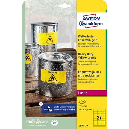 Samolepicí etikety Avery Zweckform, matné, žluté, 63,5 x 29,6 mm