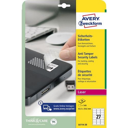 Samolepicí etikety Avery Zweckform s ochranou proti manipulaci, šachovnice, matné, bílé, 63,5 x 29,6 mm