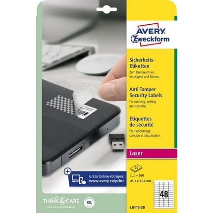 Samolepicí etikety Avery Zweckform s ochranou proti manipulaci, šachovnice, matné, bílé, 45,7 x 21,2 mm