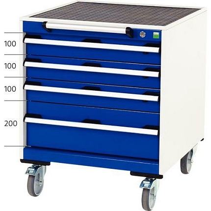 Mobilní zásuvková skříň Bott Cubio, 78,5 x 65 x 65 cm, 4 zásuvky, rohož, šedá-modrá