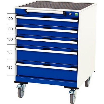 Mobilní zásuvková skříň Bott Cubio, 88.5 x 65 x 65 cm, 5 zásuvek, rohož, šedá-modrá