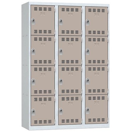 Svařovaná šatní skříň Vinco, 3 sloupce, 12 boxů, 400 mm, otočný uzávěr, šedá/hnědá