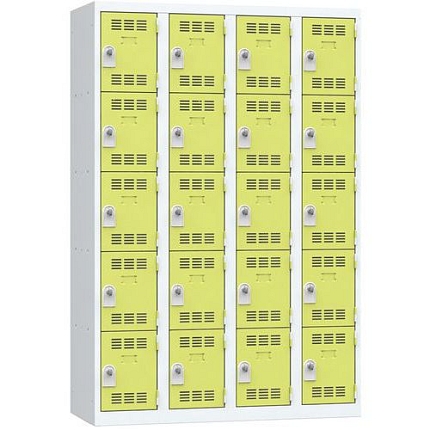 Svařovaná šatní skříň Vinco, 4 sloupce, 20 boxů, 300 mm, otočný uzávěr, šedá/zelená