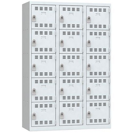 Svařovaná šatní skříň Vinco, 3 sloupce, 15 boxů, 400 mm, otočný uzávěr, šedá/šedá