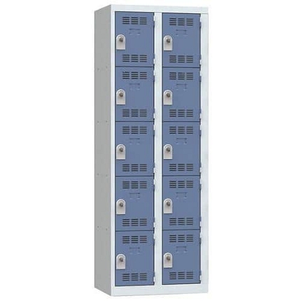 Svařovaná šatní skříň Vinco, 2 sloupce, 10 boxů, 300 mm, otočný uzávěr, šedá/modrá