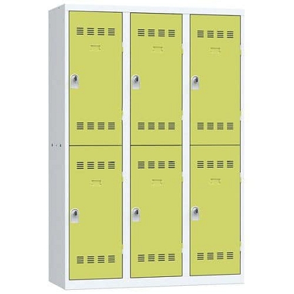 Svařovaná šatní skříň Vinco, 3 sloupce, 6 boxů, 400 mm, otočný uzávěr, šedá/zelená