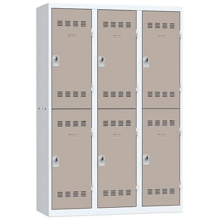 Svařovaná šatní skříň Vinco, 3 sloupce, 6 boxů, 400 mm, otočný uzávěr, šedá/hnědá