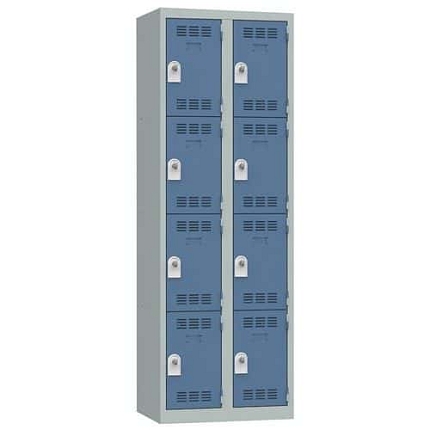 Svařovaná šatní skříň Vinco, 2 sloupce, 8 boxů, 300 mm, otočný uzávěr, šedá/modrá