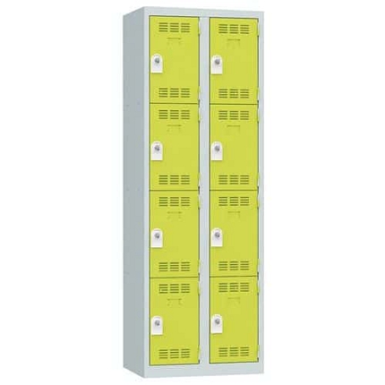 Svařovaná šatní skříň Vinco, 2 sloupce, 8 boxů, 300 mm, otočný uzávěr, šedá/zelená