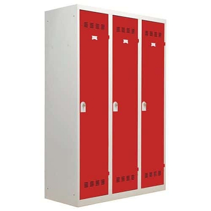 Svařovaná šatní skříň Vinco s mezistěnou, 3 oddíly, 400 mm, otočný uzávěr, šedá/červená